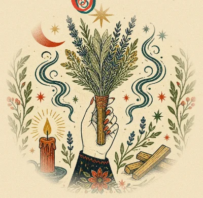 Ilustración: una mano sostiene un atado de plantas entre humo, una vela y palo santo