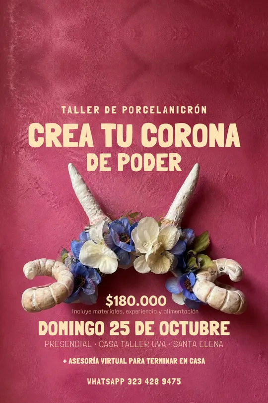 Cartel de Crea tu corona de poder: una corona de cuernos de porcelanicrón con flores azules y blancas