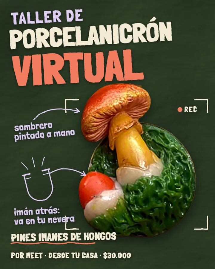 Cartel del taller de porcelanicrón virtual: un pin imán de hongo de sombrero dorado sobre musgo