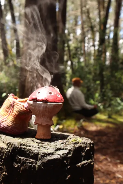 Un sahumador en forma de hongo rojo suelta humo sobre un tronco, en el bosque