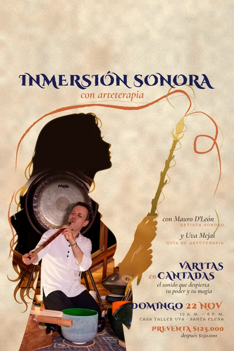 Cartel de Varitas en·cantadas: la silueta de una maga con su varita y, adentro, Mauro D'León tocando la flauta junto a un gong, cuencos y otros instrumentos; domingo 22 de noviembre, Casa Taller Uva